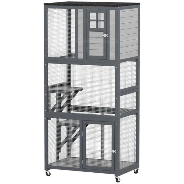English Elm Wooden Fir Catio with Three Perch Platforms Wheeled Freestanding Indoor Outdoor Cat House T3971P437098