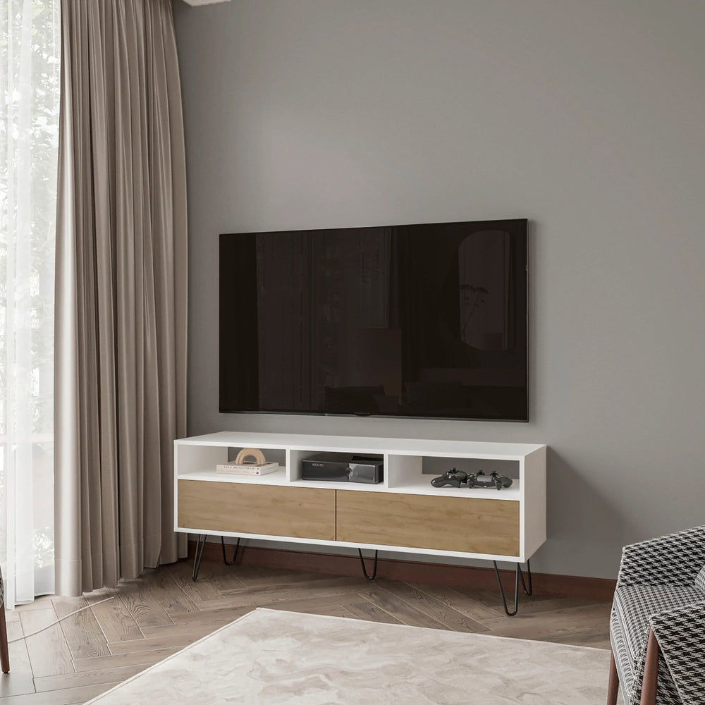 English Elm White TV Stand with Natural Oak Accents — 5 Open Shelves for Media Storage, Modern Rustic Design B062P290286