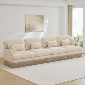 English Elm 131" Chenille Leopard Sectional Sofa Modular 4 Seat Deep Cushion Tassel Trim Beige W5656S00007