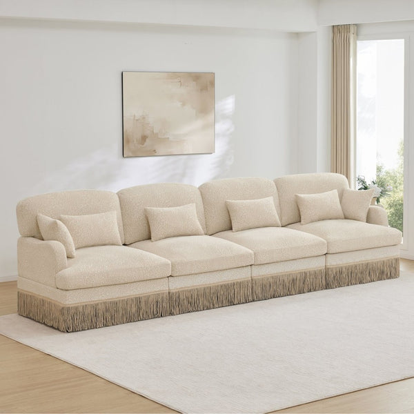 English Elm 131" Chenille Leopard Sectional Sofa Modular 4 Seat Deep Cushion Tassel Trim Beige W5656S00007