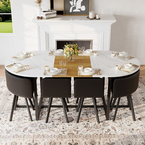 English Elm 9-piece Oval Dining Set with Faux Marble Wood Top and Eight Black Pu Leather Chairs W3875S00151