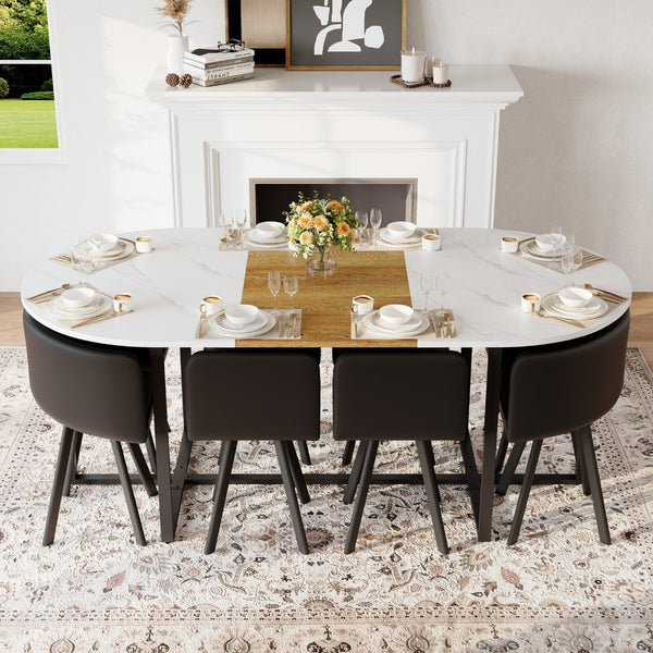 English Elm 9-piece Oval Dining Set with Faux Marble Wood Top and Eight Black Pu Leather Chairs W3875S00151