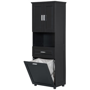 English Elm Tall Bathroom Cabinet with Tilt-Out Laundry Hamper, Adjustable Shelves, Anti-Tip Design & Large Storage Black WF323481AAB