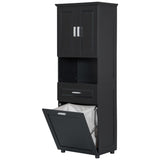 English Elm Tall Bathroom Cabinet With Laundry Basket, Large Storage Space Tilt-Out Laundry Hamper and Upper Storage Cabinet, Black