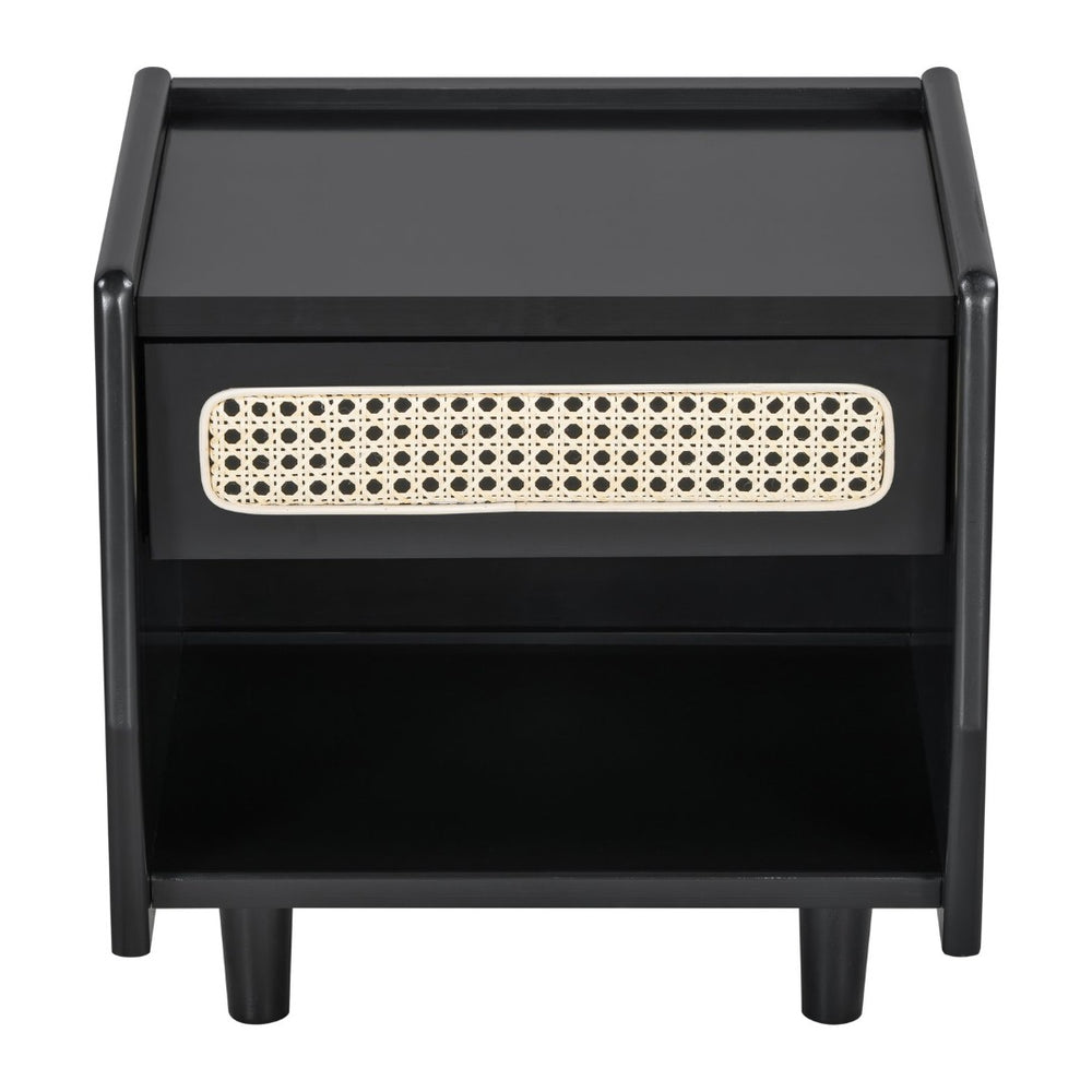 English Elm Black Rattan Panel Nightstand with Open Shelf Drawer Mdf Modern Bedroom Storage N770P374577B