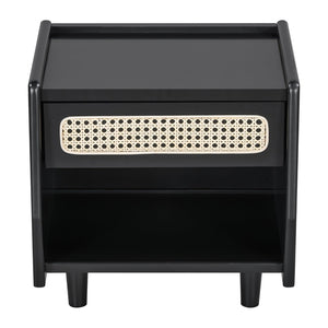 English Elm Black Rattan Panel Nightstand with Open Shelf Drawer Mdf Modern Bedroom Storage N770P374577B