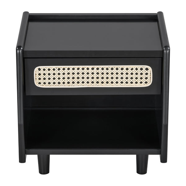 English Elm Black Rattan Panel Nightstand with Open Shelf Drawer Mdf Modern Bedroom Storage N770P374577B