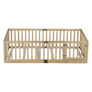 English Elm Twin Montessori Floor Bed Solid Rubber Wood with Safety Fence Rails Toddler Room W504P411198