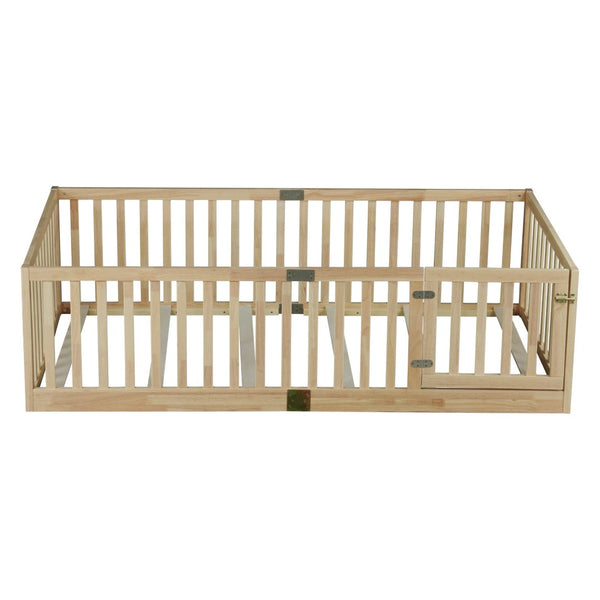 English Elm Twin Montessori Floor Bed Solid Rubber Wood with Safety Fence Rails Toddler Room W504P411198