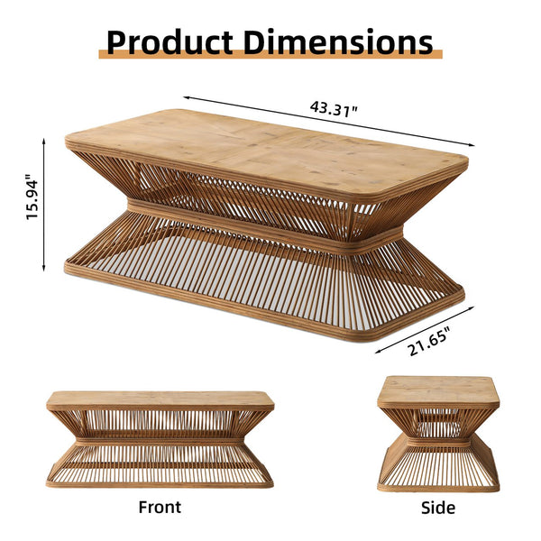 English Elm Mid-Century Rectangular Coffee Table 43.3" Antique Natural Bamboo & Solid Wood Woven Shelf Rustic Flair W3306P318518