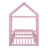 English Elm Wooden Floor Bed With Fence Railings and Detachable House Shape Headboard, Twin Size Bed With Kids Dress Up Rack, Kids Montessori Style Playhouse Frame For Girls Boys, Pink