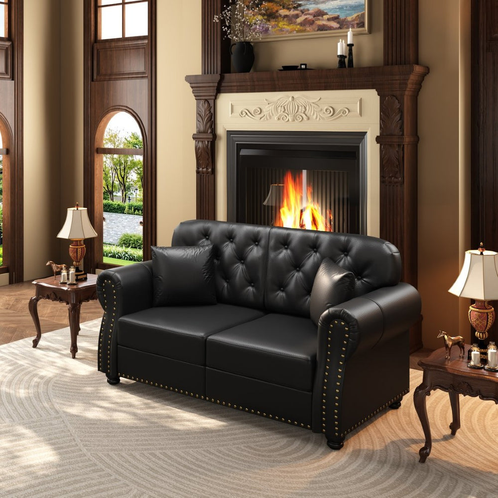 English Elm 63"upholstered Faux Leather Loveseat with Tufting Nailhead Trim Chesterfield Style Black W1885P469596