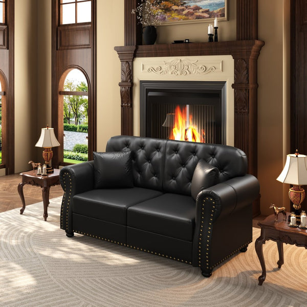 English Elm 63"upholstered Faux Leather Loveseat Mid-century Chesterfield Tufted Nailhead Sofa Set Black W1885S00426