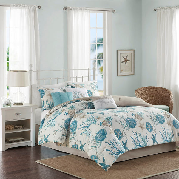 English Elm 7 Piece Cotton Sateen Comforter Set In Aqua – Coastal Bedding With Decorative Pillows & Shams B03597267