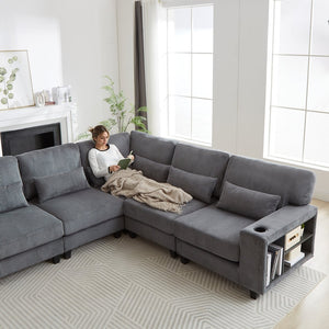 English Elm 102.75*102.75" L-Shaped Modular Sectional Sofa with Corduroy Upholstery, Storage Arm, Cup Holder, 5-Seat Convertible Lounge Grey W1926S00055