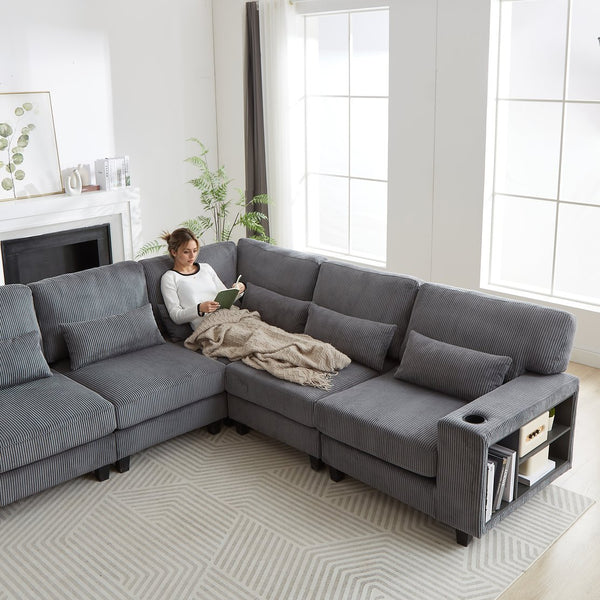 English Elm 102.75*102.75" L-Shaped Modular Sectional Sofa with Corduroy Upholstery, Storage Arm, Cup Holder, 5-Seat Convertible Lounge Grey W1926S00055