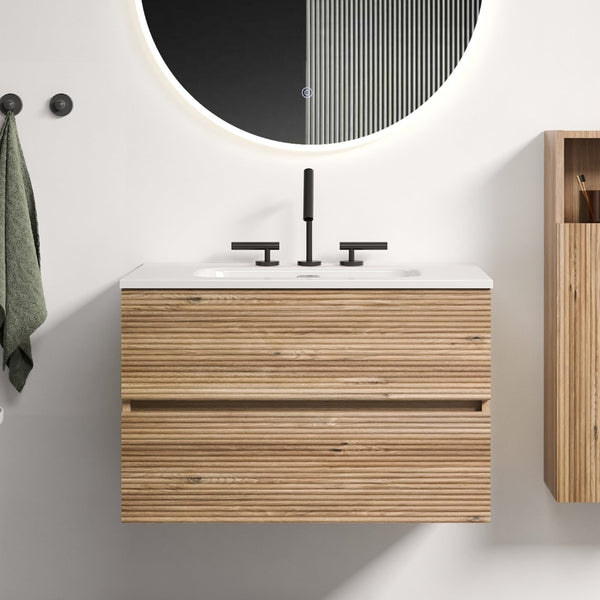English Elm Gloria 30 Inch Floating Bathroom Vanity Rough Oak Finish with Ceramic Sink Modern Bath W1865S00196