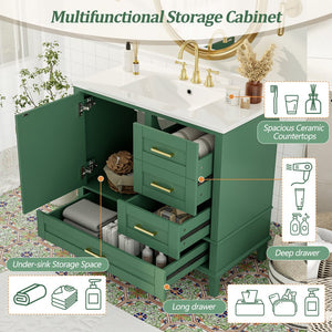 English Elm 36" Green Bathroom Vanity Solid Pine Frame with Soft-Close Door, 3 Varied Drawers & Ceramic Top N729P211167F