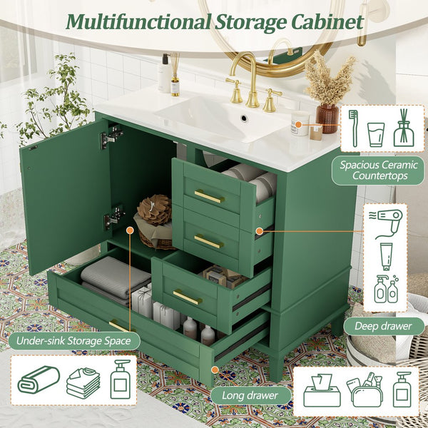 English Elm 36" Green Bathroom Vanity Solid Pine Frame with Soft-Close Door, 3 Varied Drawers & Ceramic Top N729P211167F