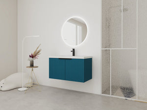 English Elm 36" Floating Bathroom Vanity with Resin Sink, Wavy Doors, Soft-Close Hinges & Durable Plywood Finish Lake Blue W999P251809