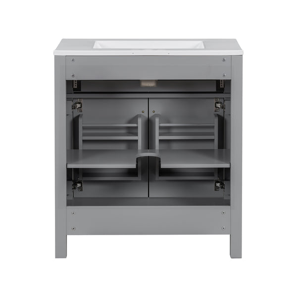 English Elm 30" Modern Bathroom Vanity with Ceramic Sink and Soft-Close Doors, Solid Wood MDF Build, Sleek Handles Gray N729P263155E