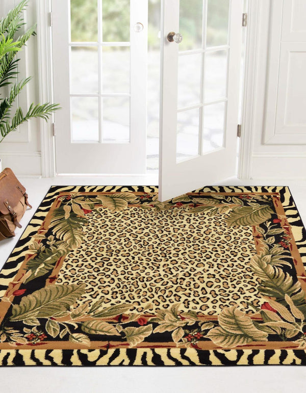 Unique Loom Wildlife Jungle Machine Made Border Rug Cream, Cream/Black/Ivory/Red/Green/Burgundy/Olive/Tan 7' 10" x 7' 10"