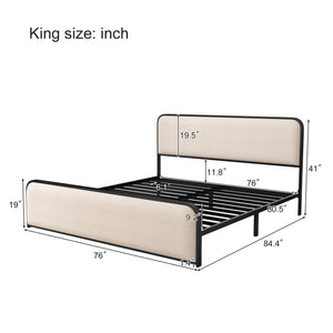 English Elm Modern Metal Bed Frame with Upholstered Curved Headboard, Underbed Storage, Heavy-Duty Slats, Queen Beige 79.5 L x 21.5 W x 5.5 H N701P229015B