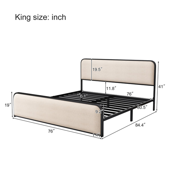English Elm Modern Metal Bed Frame with Upholstered Curved Headboard, Underbed Storage, Heavy-Duty Slats, Queen Beige 79.5 L x 21.5 W x 5.5 H N701P229015B