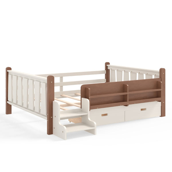 English Elm Twin Kids Platform Bed with Trundle Staircase Bookshelf and Rounded Safety Rails Beige W1580S00539