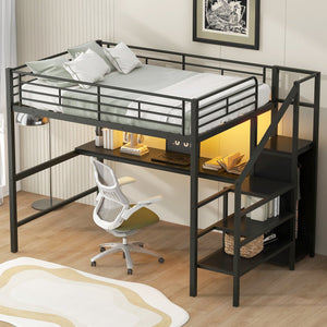 English Elm Full Size Metal Loft Bed With Desk, Storage Staircase, Wardrobe & Led Light - Space-Saving Design GX000620AAD
