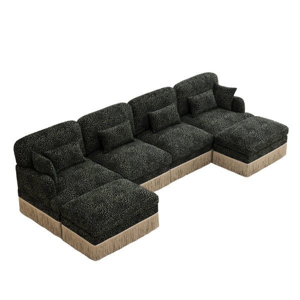 English Elm 131"comfy Chenille Leopard Print U-shaped Sectional with Tassel Trim and Modular Ottomans Green W5656S00036