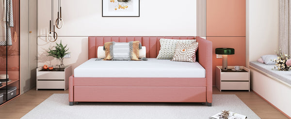 English Elm Full Size Linen Upholstered Daybed with Pull Out Trundle Sofa Frame for Bedroom Pink LP000173AAH-1