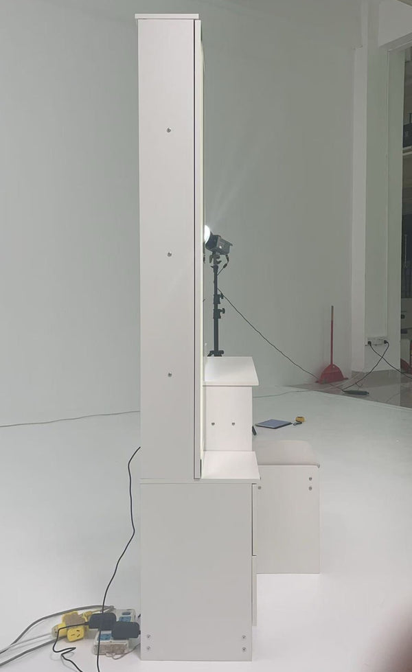 English Elm Full Bedroom Vanity Set with Led Round Mirror Touch Lighting Stool and Cabinet Storage White W3258S00007
