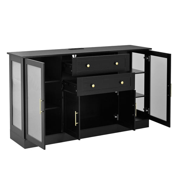 English Elm U-style Modern Buffet Sideboard with Acrylic Doors Power Outlet and Adjustable Storage Black N711P437648B