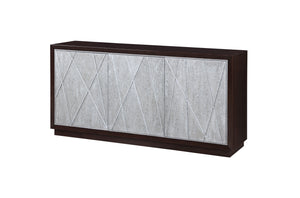 English Elm Geranio Metallic Silver & Walnut Console Cabinet with Geometric Pattern, Touch-Open Doors, 70lb Top B2726P285784