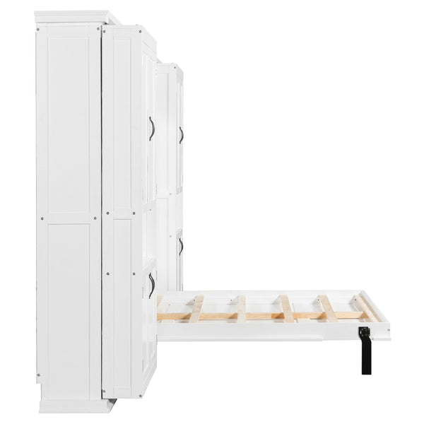 English Elm Full-size Murphy Wall Bed with Sliding Cabinets and Twelve Open Shelves for Studios White LP000919AAK