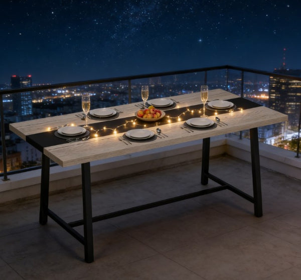 English Elm Long Industrial Dining Table Rustic Wood Grain Top Matte Black Steel Legs Seats Eight T3971P429454