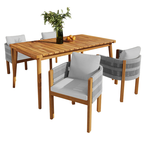 English Elm Christopher Knight Home® - Outdoor Dining Set with Acacia Wood Frames, 63" Slatted Table & 4 Chairs with Waterproof Washable Cushions Grey,Teak N779P269291N_N779P279983G-2