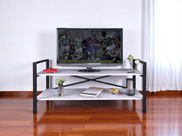 English Elm 47" Ikra TV Stand White with Black Metal Legs, Open Shelves & Crossbar Support for Modern Homes B029P330621