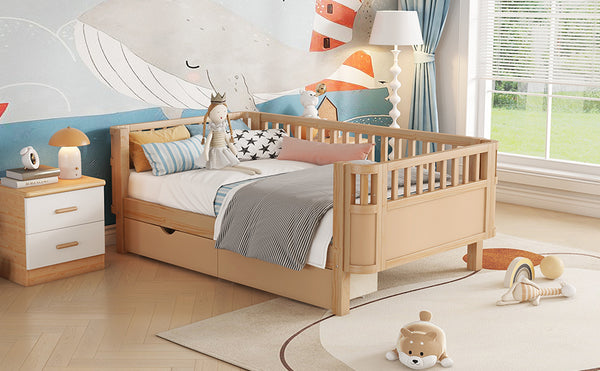 English Elm Twin Solid Wood Platform Bed with Guardrail for Kids, Low-Profile Sturdy Pine Frame, Safe Sleep Solution Natural 69.69 L x 18.5 W x 7.68 H W2593P331680
