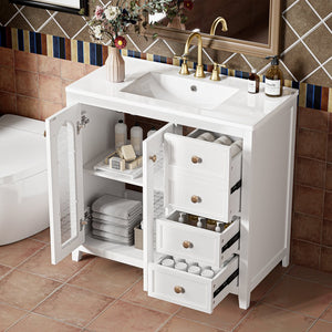 English Elm 36.02-inch white bathroom vanity with ceramic basin, gold round handles, soft-close doors & drawers N729P184710K