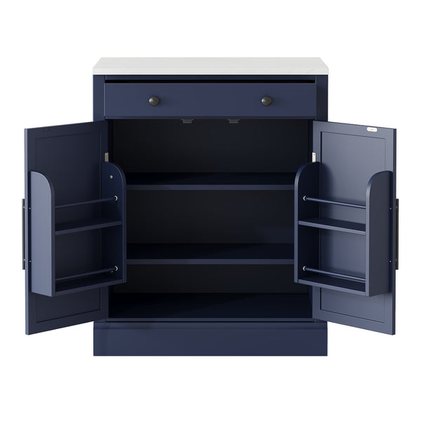 English Elm [Assembly Modern Freestanding Kitchen Pantry with Faux Marble Top, Set of 2 Cabinets with Drawer, Adjustable Shelves, Sleek Durable Design for Dining Room and Coffee Bar Blue SP000074AAC