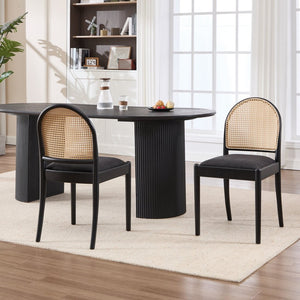 English Elm Rattan Backrest Dining Chairs Set of 2 Teddy Fabric Cushion Solid Wood Legs Kitchen Black W3244P475533