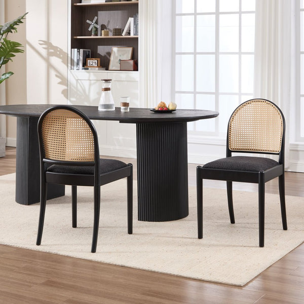English Elm Rattan Backrest Dining Chairs Set of 2 Teddy Fabric Cushion Solid Wood Legs Kitchen Black W3244P475533