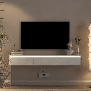 English Elm Floating LED TV Stand Wall Mounted Shelf with Power Outlet, High-Gloss White MDF Cabinet, Storage & Cord Management - Modern Living Room Accent W1321P311892