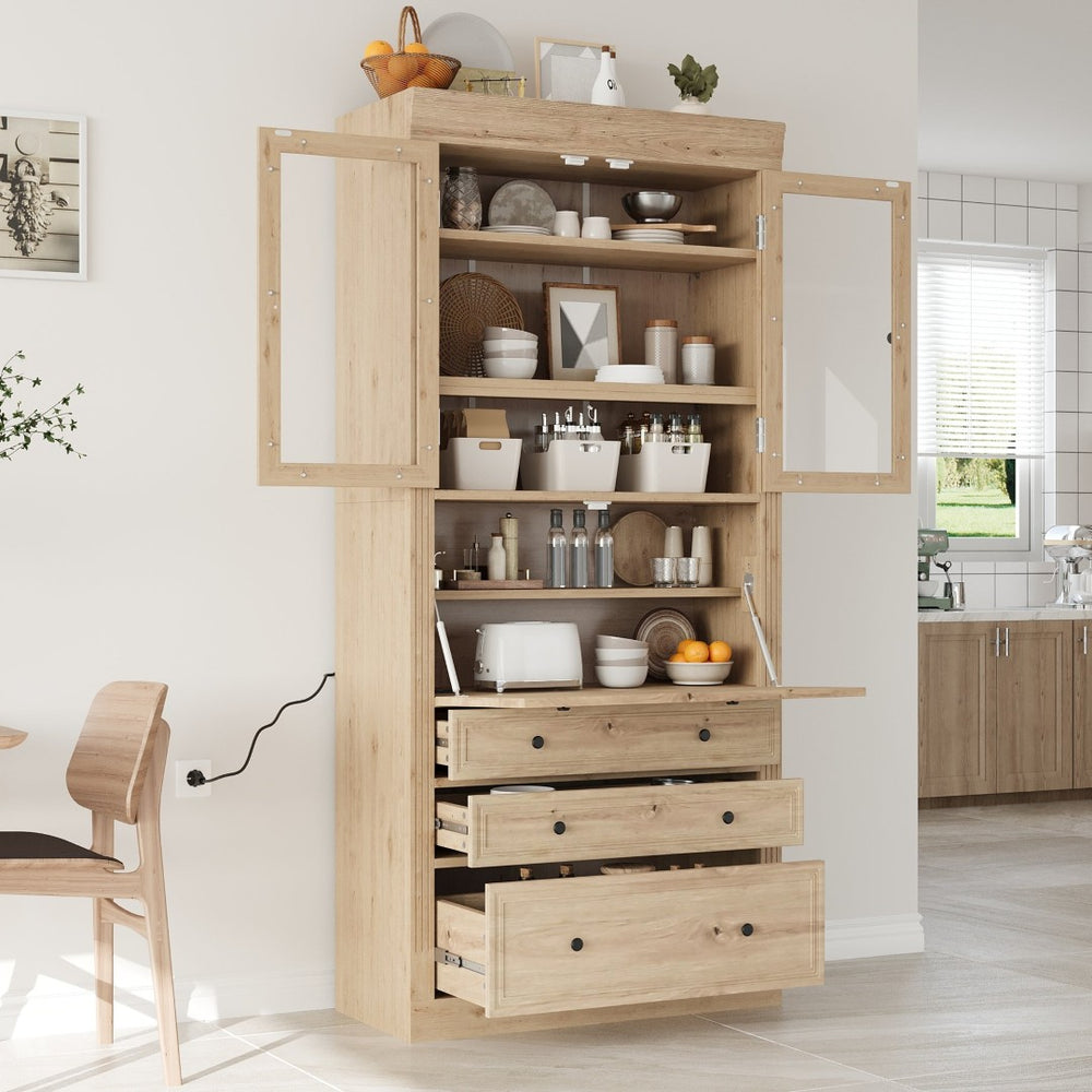 English Elm Topmax Shaker Pantry Cabinet with Drawers Power Outlet and Glass Doors SP000094AAA