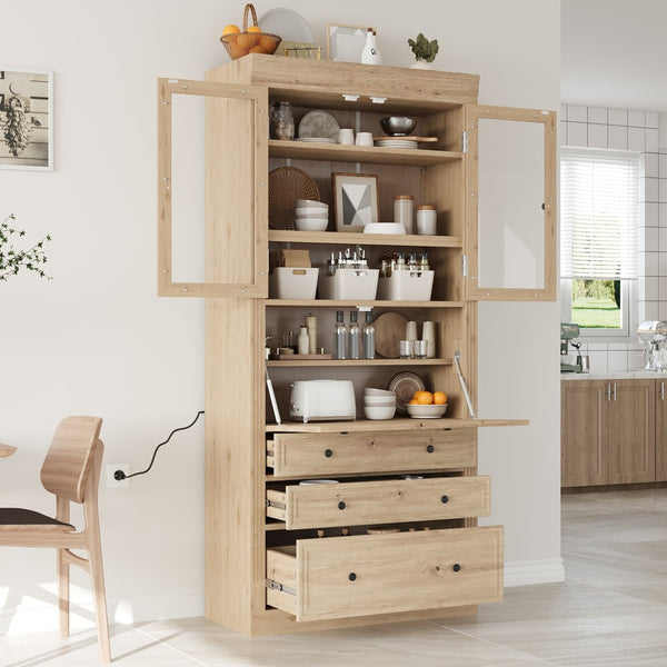 English Elm Topmax Shaker Pantry Cabinet with Drawers Power Outlet and Glass Doors SP000094AAA
