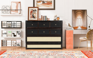 English Elm Full Size Murphy Wall Bed Cabinet with Rattan Panel Detailing and Storage Drawers Espresso N708P336203P