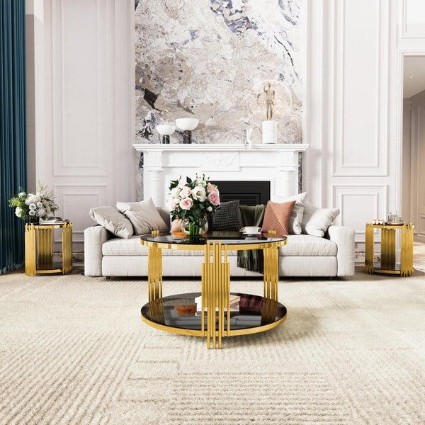 English Elm Modern Round Mirrored Glass End Table with Gold Metal Frame and Lower Display Shelf Black N735P380092B