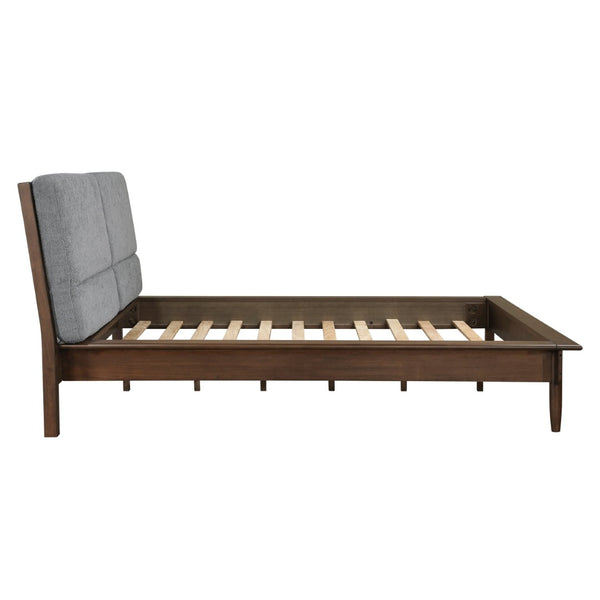English Elm Walnut Veneer Eastern King Platform Bed Upholstered Gray Fabric Mid-century Frame B011S01614